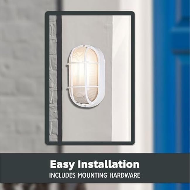 DESIGNERS FOUNTAIN Outdoor Wall Light, 5 Inch Oval Bulkhead Lighting Fixture with Cage Guard, Porch or Patio Ceiling Mount Sconce, White, 2071-WH