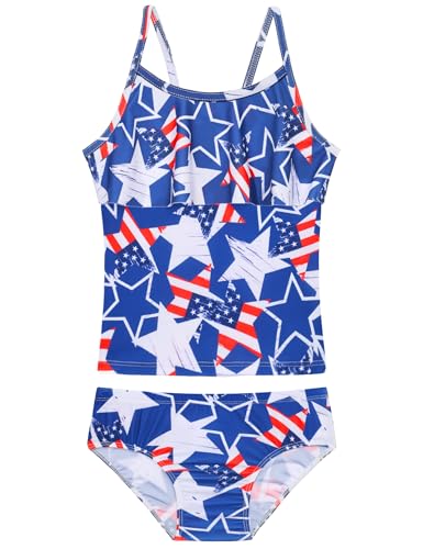 Image of Girls Tankini Swimsuit UPF50+ Ruffle 2 Piece Bathing Suit Full Coverage Kids Swimwear Ages 2-14 Years