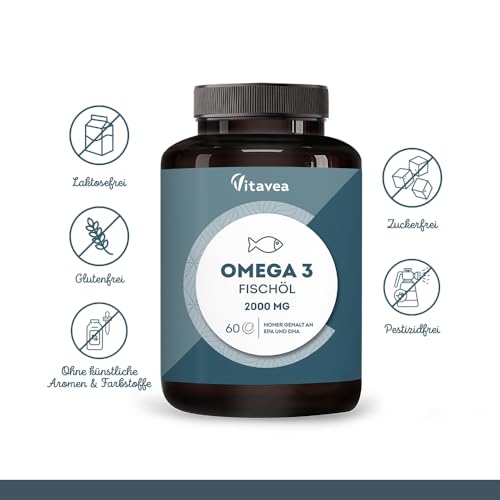 Omega 3 Wildfischöl 2000mg - 1000mg EPA, 500mg DHA, 60 Omega 3 Kapseln hochdosiert - Herz- & Gehirnfunktion, Sehkraft - 2 Monate - Vitavea