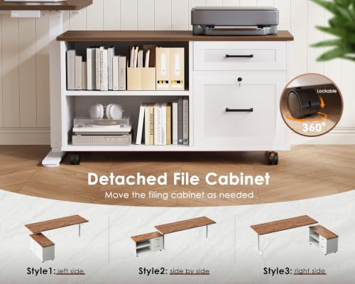 Image of OffiGo 71 inch L Shaped Electric Standing Desk with Cabinet Sets, Walnut /White | Mobile Drawers & File Cabinet Sets for Flexible Layout, Height Adjustable Executive Stand Up Desk for Home Office Workstation