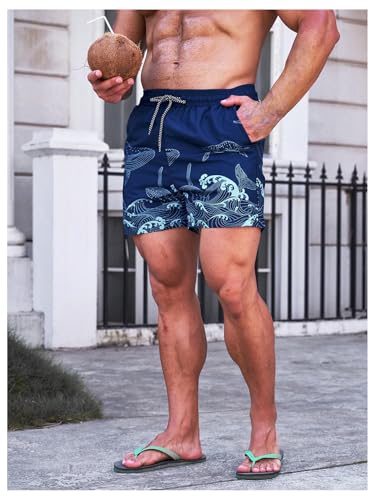 SweatyRocks Men's Graphic Print Swim Trunks Drawstring High Waist Swimming Board Shorts4