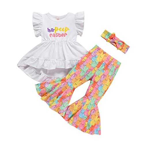 Noubeau Toddler Baby Girl Easter Outfits Ruffle Letter Rabbit Print Dress Shirt Top Leopard...