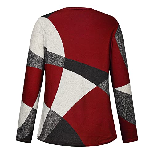 Casual Round Neck Long Sleeve Sweater For Women,Fashion Geometric Print Sweatshirts Fall Loose Pullover Blouse Tops Red #TOP4