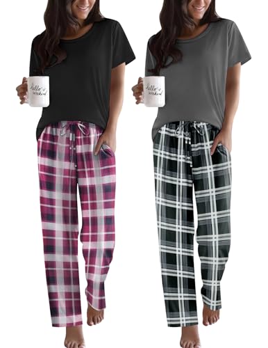 Image of Ekouaer 2 Pack Pajamas for Women Set Short Sleeve Pj Top and Printed Pants | Soft PJs Cozy Printed Lounge Sets Comfy Sleepwear with Pockets