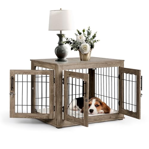 Upolana Dog Crate Furniture, 32 inch Medium Dog Crates with Bed Mat, Wooden Dog Kennel Furniture, End Side Table Dog Cage with 3 Doors, Greige