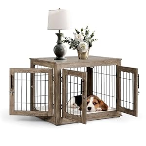 Dog Crate Furniture, 32 inch Medium Dog Crates with Bed Mat, Wooden Dog Kennel Furniture, End Side Table Dog Cage with 3 Doors, Greige