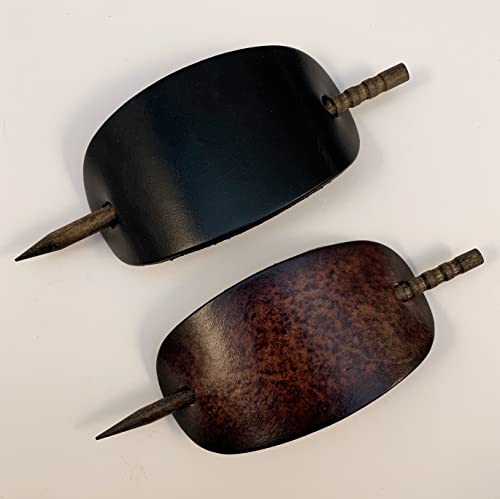 Made In Usa - 2 Large Genuine Thick Leather Hair Barrettes W Sticks, Oval Shape Ponytail Holders, Oval, Colors Brown Black Red Blue Green Purple #TOP1