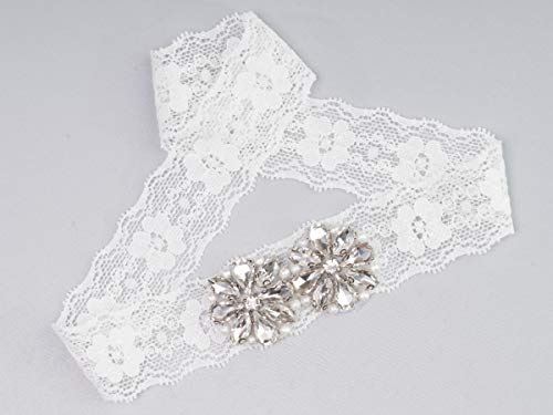 Elegant Sexy Bridal Leg Garter Set For Wedding, Or Special Occasion Or Fun Night Out. Clear Crystal Rhinestones & White Pearl With White Stretch Lace #TOP5