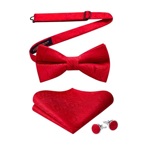 Image of HISDERN Bow Ties for Men Pre-Tied Bow Tie Floral Paisley Handkerchief Classic Formal Bowtie and Pocket Square Cufflinks Set
