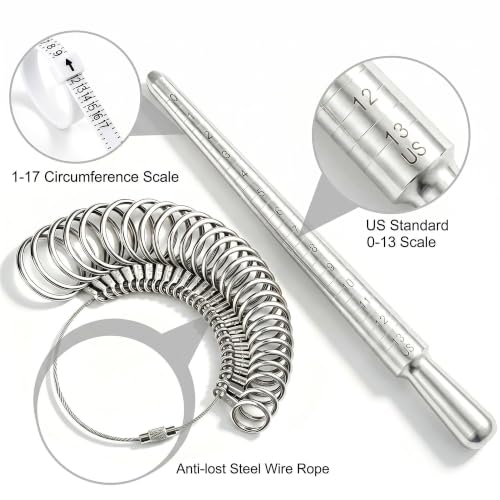 Image of Bflaae 4 PCS Ring Sizer Measuring Tool Kit with US Ring Mandrel, 27 PCS Stainless Steel Ring Gauges, 2 PCS Reusable Finger Size Tape with Magnified Glass 1-17 USA Rings Size, Pro 4 PCS