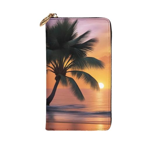 Sunset Palm Tree_ Picture Leather Long Clutch Wallet for Fashionable Girls and Women - Durable, Stylish, and Functional, Black, One Size2