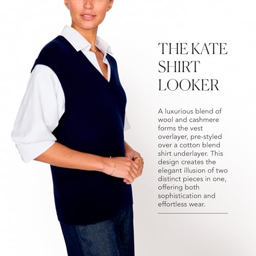 Brochu Walker The Kate Shirt Looker - V Neck Vest Sweater with White Shirt, Elbow-Length Blouson Sleeves, Wool/Cashmere Blend3