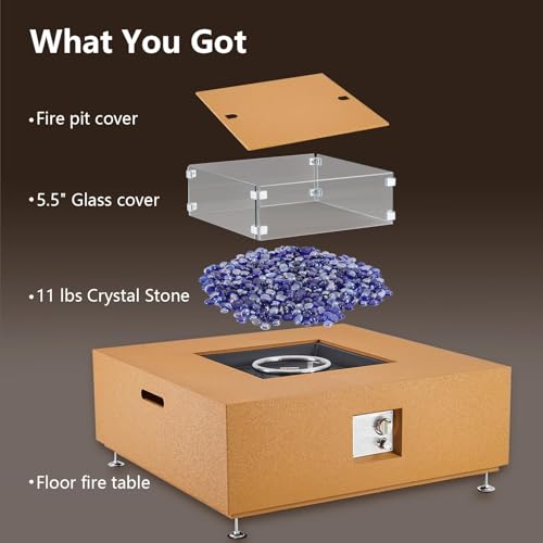 36" Outdoor Fire Pit Table,50000BTU Rectangle Propane Fire Pit with Glass Wind Guard, Lid, Rocks and Rain Cover, CSA Certified Outdoor Propane Gas Fireplace for Deck or Patio