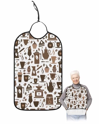 LEOKOTI Brown Coffee Adult Bibs for Eating, Waterproof Bibs with Food Catcher & Adjustable Snap Closure, Farmhouse Rustic Coffee Washable Clothing Protectors Adult Bibs for Elderly Women/Men