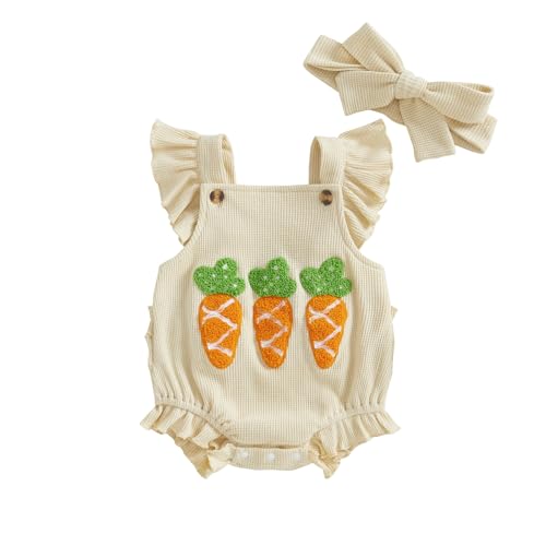 Baby Girl Easter Outfit Newborn Bunny Carrot Romper Sleeveless Jumpsuit with Headband (Apricot, 3-6 Months)