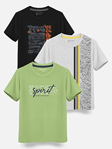 Image of HELLCAT Boys Round Neck Printed Blended Cotton Tshirt -Combo Pack of 2 - Orange /Blue