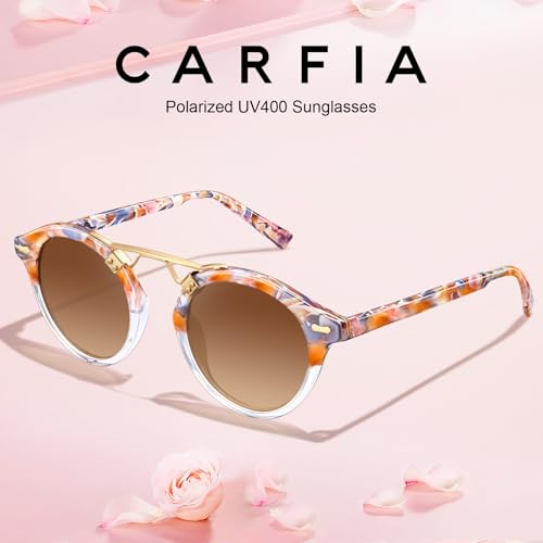 Image of CARFIA Small Face Acetate Polarized Sunglasses for Women UV Protection, Retro Double Bridge Eyewears Metal Brow Round Sunnies