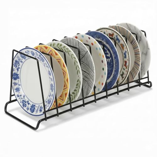 Image of Namani Heavy 9-Section Stainless Steel Plate Stand | Dish Organizer Rack for Kitchen Cabinet & Countertop | Rust Proof Plate Holder for Dishes, Thali & Lids (Black)