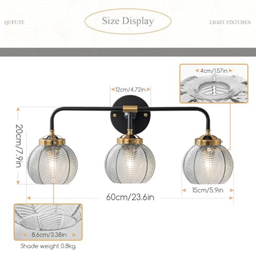 Image of Black Bathroom Light Fixtures 3-Lights Vintage Vanity Wall Sconce Over Mirror with Ribbed Smoky Gray Globe Shade Mid Century Modern Lights Fixture Art Deco Farmhouse Vanity Lighting
