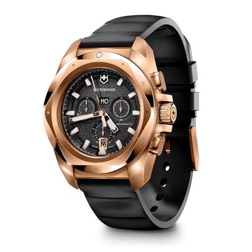 Image of Victorinox I.N.O.X. Chrono, Swiss Made Chronograph Men's Watch, 43 mm Black Dial, 200M Water Resistance, Rose Gold PVD Stainless Steel Case and Bezel (Black Rubber Strap - 249177)