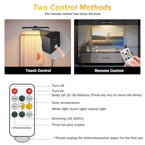 Image of Rechargeable Picture Light,15.74 Inch Battery Operated Wall Mounted Art Lamp with Remote,4000mAh Long Lasting,3 Color Dimmable Timer,270 Adjustable Gallery Poster Light(Black)