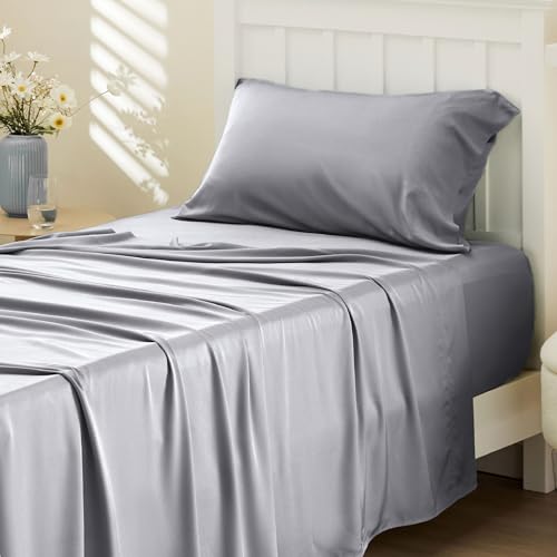 Image of Bedsure Cooling Sheets Twin, Rayon Derived from Bamboo, PureWoven, Breathable & Soft, Deep Pocket Up to 16 Inches, Hotel Luxury Silky Bedding for Hot Sleepers, Silver Grey