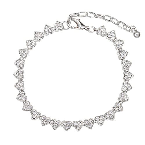 Kelistom 18K White Gold Plated Tennis Anklet For Women Teen Girls, Rhinestone Crystal Filled Heart Chain Ankle Bracelets For Women With Paperclip Extension #TOP16