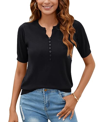 Image of Women Summer Knit Shirt Blouse V Neck Short Sleeve Pullover Sweater Tops
