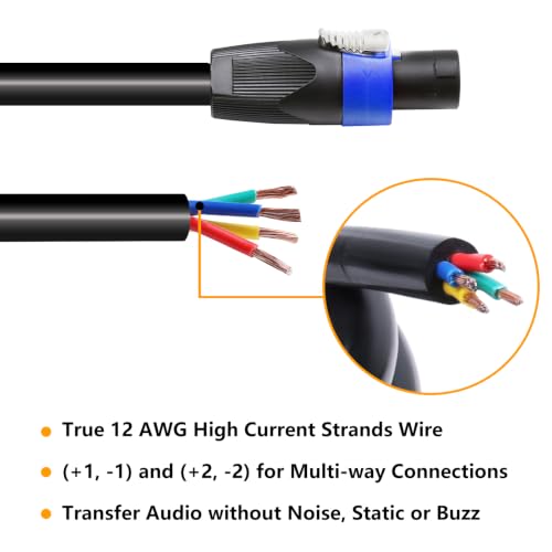 Image of HBU 1-Pack 4 Wire Speakon to Bare Cable - 12 Feet, 4 Conductors, Road Tour | 12 Gauge Speak-On to 4-Wire Cables, NL4FX 4 Conductors Wires, Twist Lock, PA Systems, Chuchero, Tweeters, Mids, NL4 Wiring