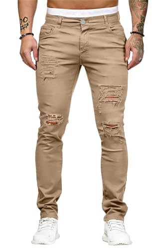 Image of HUNGSON Men's Blue Slim Fit Jeans Stretch Destroyed Ripped Skinny Jeans Side Striped Denim Pants
