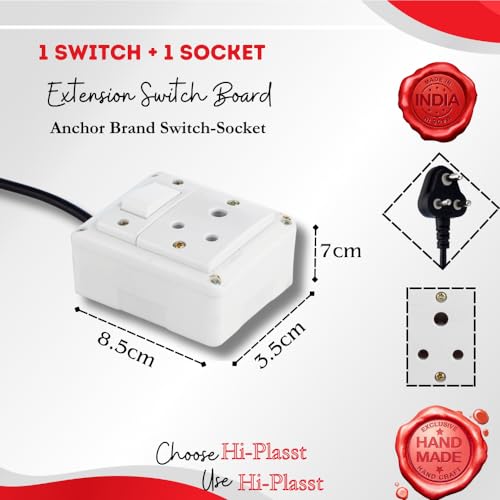 Image of Hi-Plasst 1+1 Pin Extension Board with 1 Switch & 1 Socket, 6A, 4-Yard Long Cord - Wall-Mountable Power Hub for Home, Office, Diwali Lights, Christmas Decor & Kitchen Appliances
