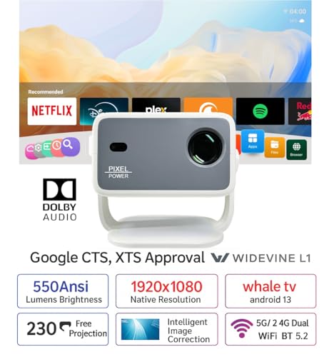Image of BORSSO Pixel Power | Certified Android 13 Projector 1080p Native 550 ANSI, Fully Automatic, Dolby,4k HDR, HDMI ARC & CEC, 2.4G & 5G WiFi & 5.2 BT, 3D Support | Upgraded