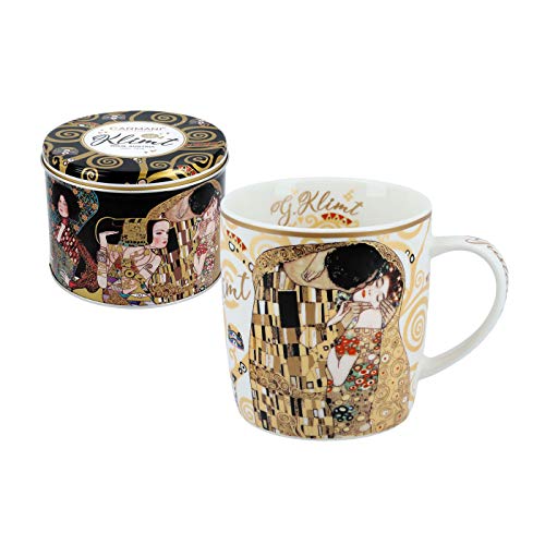 Carmani - Taza de porcelana para té o café en una lata de metal Café de té Caja de almacenamiento de azúcar con tapas Impreso por Gustav Klimt"El beso"