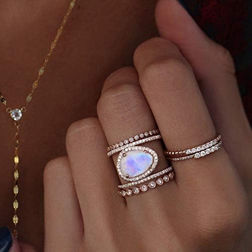 Bohemia Irregular Rose Gold Plated Zircon Ring 14K Gold Moonstone Opal Diamond Wedding Band Ring (Size 6) - Image 2