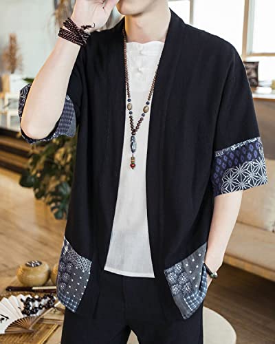 Image of Men's Japanese Kimono Cardigan Loose Cotton Linen 3 /4 Sleeve Open Front Casual Summer Shirt Jackets