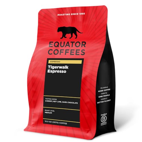 Equator Coffees & Teas Tigerwalk Espresso, tostado medio, café molido tostado, bolsa de 12 oz