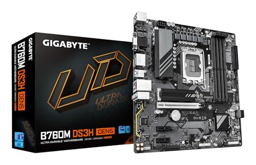 GIGABYTE B760M DS3H GEN5 Mainboard – Unterstützt Intel Core Prozessoren der 14. Generation, digitales VRM mit 6+2+1 Phasen, bis zu 5600 MHz DDR4, 2 x PCIe 4.0 M.2, 2.5GbE LAN, USB 3.2 Gen2
