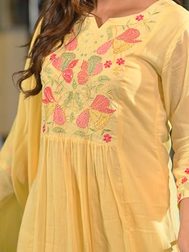 Image of INDO ERA Women's A-Line Pure Cotton Floral Embroidered Kurta & Pant with Dupatta Set (R2STR9793)