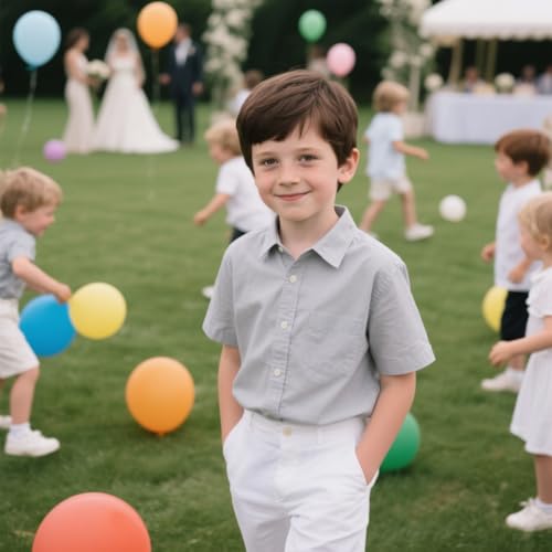 Boys Linen Shirt for Kids Summer Beach Short Sleeve Button-Down Dress Shirts with Chest Pocket Teens Casual Tops4