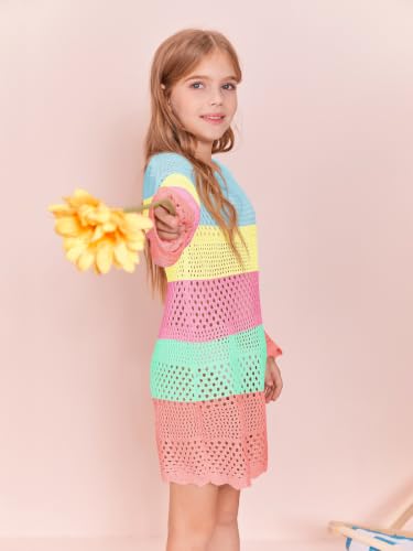 Image of Batermoon Girls Crochet Long Sleeve Swimsuit Cover Up Kids Fashion Hollow Out Swimwear Beach Dress 5-14 Years