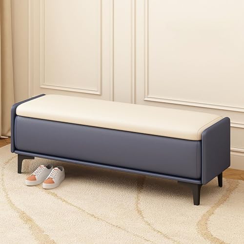 Banco de almacenamiento de madera azul oscuro y taburete de pie versátil asiento de entrada y dormitorio, elegante reposapiés para sala de estar, banquetes y zonas de vestidor