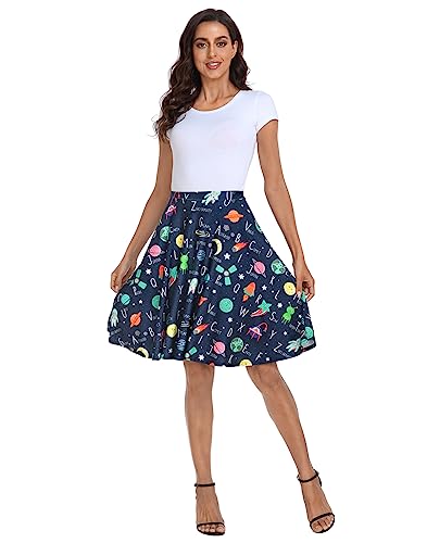 Hde HDE-60237 Skirts For Women - Midi Skirt Skater Skirt Knee Length High Waist Fun Prints Space Alphabet thumb #5