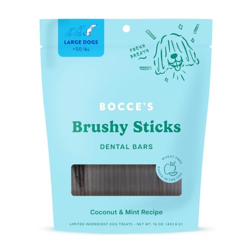 Bocces Bakery Dailies Brushy Sticks to Support Oral Health & Fresh Breath Wheat-Free Dental Bars for Dogs Made with Real Ingredients Baked in the USA Natural Coconut & Mint Recipe Large Dogs