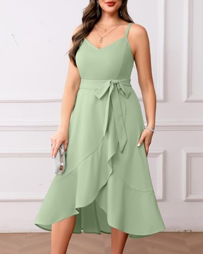 Image of Pinup Fashion Plus Size Cocktail Party Wedding Guest Semi Formal Midi Dress | Sexy V-neck, adjustable spaghetti strap, belted waist, fit and flare, flowy high-low ruffle hem, ideal for prom, homecoming