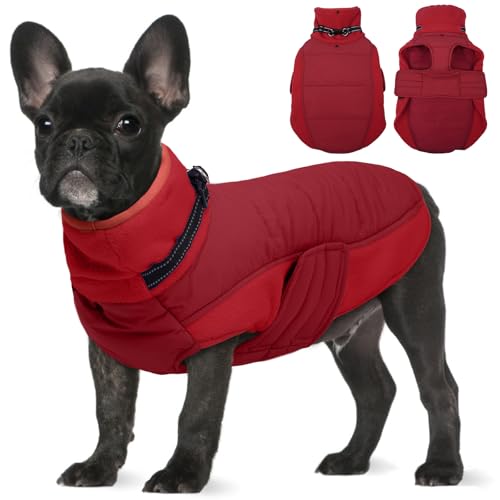 Image of BRKURLEG Dog Winter Coat with Harness Built in, Warm Jacket for Small Medium and Large Dogs, Windproof Turtleneck Fleece Dogs Snowsuit with Hook & Loop, Reflective Christmas Dog Jacket, Red L