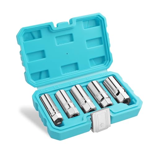 DURATECH Spark Plug Socket Set 5-Piece SAE & Metric Cr-V Spark Plug Sockets (14 mm 18 mm 5/8 3/4 13/16) 6 Point & 12 Point Thin Wall 3/8 Drive Spark Plug Removal Tool for Car Small Engines