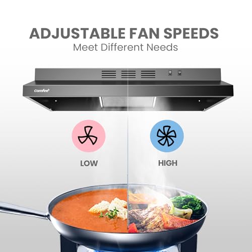 Image of COMFEE' 30 Inch Under Cabinet Range Hood, 200 CFM Slim Stove Vent Fan in Black Finish, Ductless /Ducted Convertible Vent Hood for Kitchen, 2-Speed Exhaust Fan with 2 Reusable Filters
