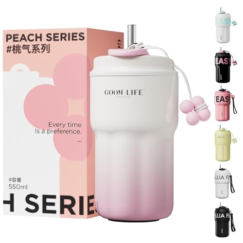 GOOM タンブラー 水筒 マグボトル コーヒーカップ 316ステンレス 550ml 直飲み 真空断熱 保冷 保温 軽量 ストラップ付き ステンレスボトル マグボトル おしゃれ ビジネス(ピンク)