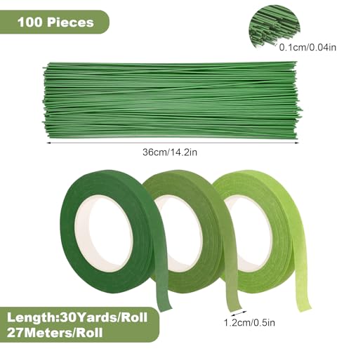 CANCYCC 3 Rollen Floristenband mit 100 Stück Grün Blumendraht, 12 mm Floristik Kreppband, Selbstklebend Blumenband Floristikdraht für Blumenstrauß Stiel Verpacken und Blumenhandwerk 27m/Rolle
