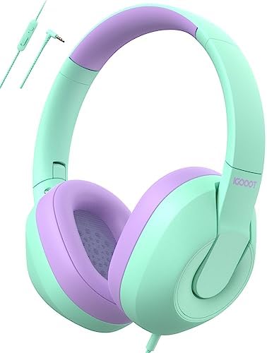 igooot Kids Headphones Wired,Most Comfortable Over Ear Children Headphones with Microphone,Adjustable,Volume Limiter 85/94dB,for School/Plane/Switch/Amazon-fire-Tablet/ipad,1.5M Cord,Mint&Purple.